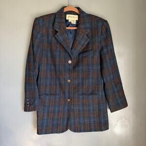 Vintage EDDIE BAUER Women's Small Blue/Brown Plaid Tweed Preppy Blazer Retro